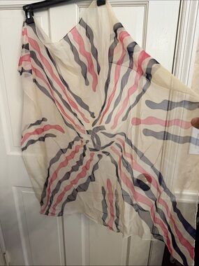 Chanel Vintage Sheer Cream Scarf with Pink and Gray Wave Print 33"x33"